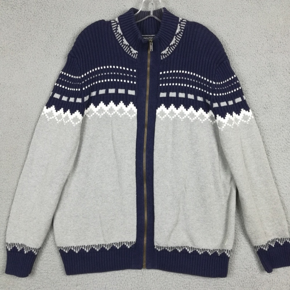 Nautica Mens Cardigan Sweater Fair Isle Full Zip Knit Light Gray Navy XL